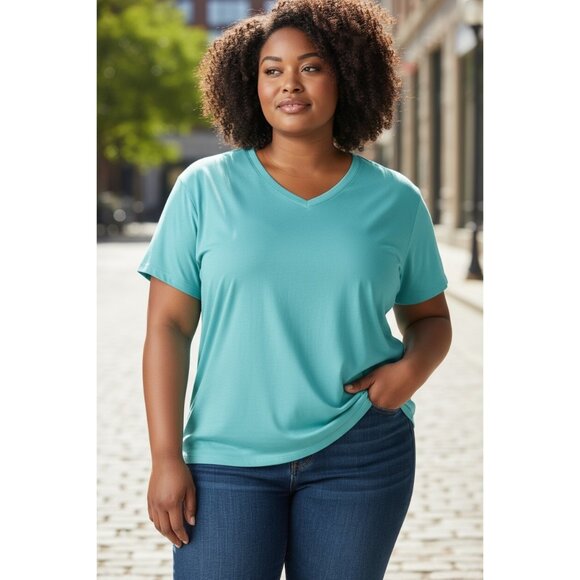 Ava & Viv Tops - Ava & Viv Womens V-Neck Short Sleeve Light Teal Cotton T-Shirt Plus Size 2X